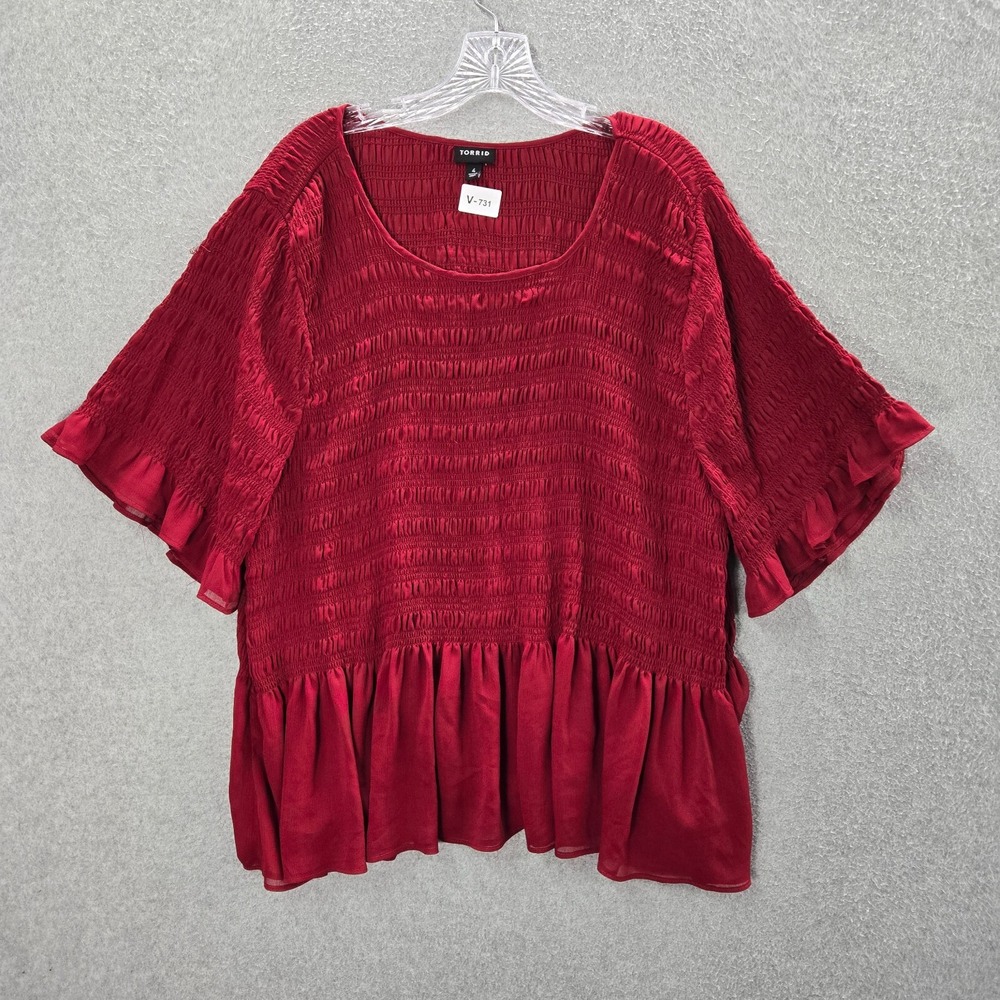 Torrid Women Top 4 Red Blouse Chiffon Peplum Smocked‎ Short Sleeve Pullover